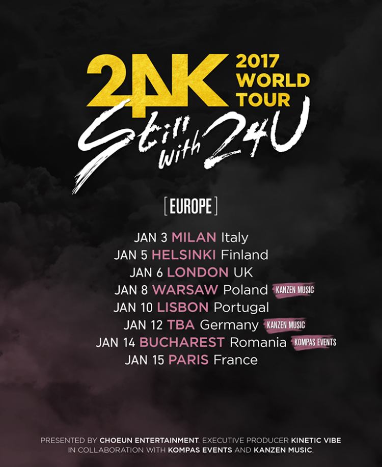 24K ist eine südkoreanische Boyband, die unter CHOEUN Entertainment unter Vertrag steht. Sie kommen mit Kinetic Vibe, Kanzen Music und Kompas Events nach Europa!