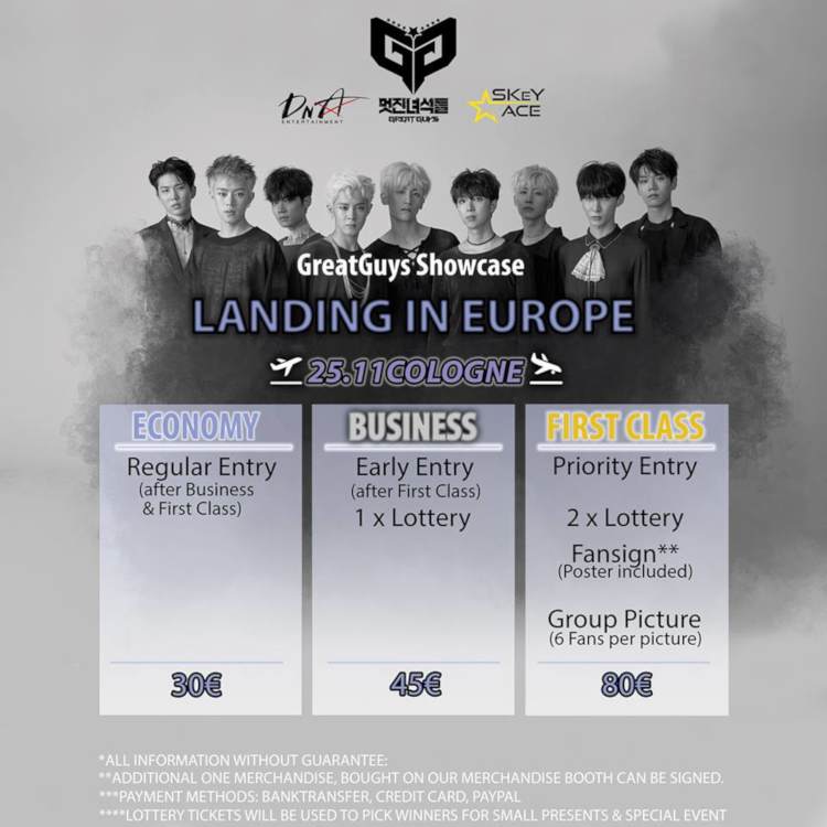 Die südkoreanische Boygroup GreatGuys tretet, dank des Veranstalters SKeY ACE, mit ihrer ''GreatGuys Landing in Europe''-Tour am 25. November 2018 in Köln auf.